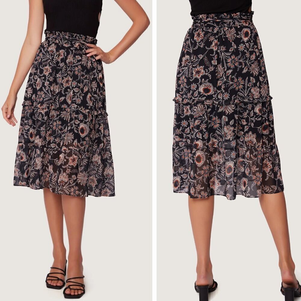 Lost + Wander Black Cream Floral Eclipse Of The Heart Midi Skirt- 35755